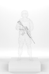 statue of a soldier. Army Soldier Figurine Made From A Transparent Wireframe Standing On A Box Holding A Rifle, Isolated Against White. 3d Rendering.