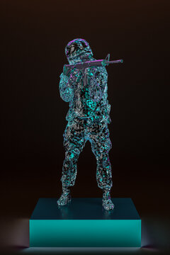 Army Soldier Figurine Made From Colorful Glass Standing On A Box Holding A Rifle. 3d Rendering.