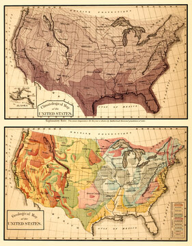United States; Geological and climate map 1876. Shows two scientific maps of the contiguous states plus Alaska. I have selected interesting, old graphic images for digital restoration and editing. 
