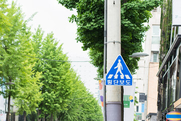 Blue sign with the word "Crosswalk" in Korean language at samcheongdong gil road, Seoul North Korea