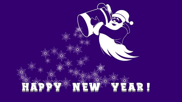 animated logo santa claus pours snow from a bucket happy new year
