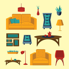 Living room interior vector illustration in flat style.