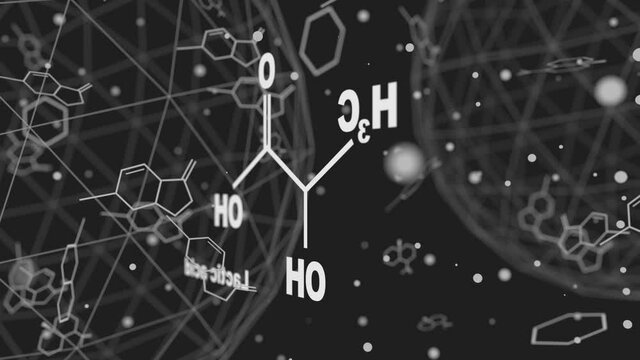 Lactic acid molecule. Structural chemical formula. Infographics illustration. Lines and dots connected background.