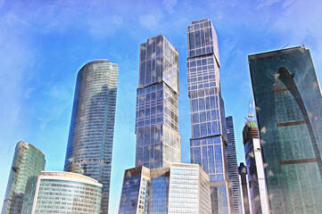 Fototapeta na wymiar High office buildings colorful painting looks like picture, Moscow City, Moscow, Russia.