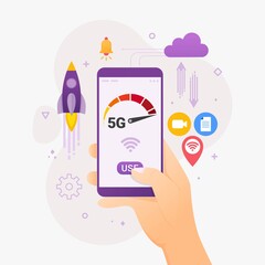 People use network high speed 5g connection. people using high speed wireless connection 5G via mobile smartphone design concept vector illustration