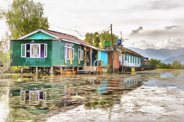 Traditional huts at Dal lake colorful painting looks like picture, Srinagar, Jammu and Kashmir, India.