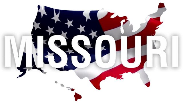 Missouri state text with USA map flag video waving in wind. Waving Flag United States Of America. USA flag for Independence Day, 4th of july US American Flag Waving 1080p Full HD footage. Missouri USA