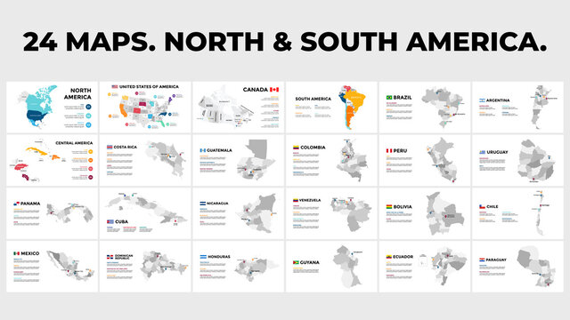 North and South America vector map country infographics. 24 slide presentation templates. United States, Canada, Brazil, Mexico, Argentina and more.