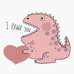 I rawr you pink dinosaur with heart cartoon illustration