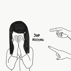 Stop Bullying , hand point finger to crying girl drawing sketch illustration