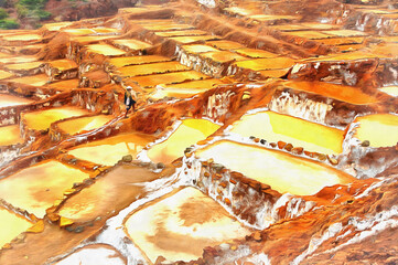 Salt pans of Salinas colorful painting looks like picture, Peru.
