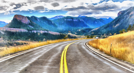 Fototapeta premium Beautiful mountain landscape with asphalt road colorful painting, Wyoming, USA.