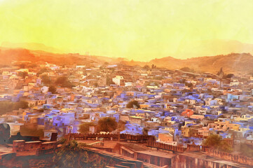View of Jodhpur city at sunset colorful painting looks like picture, Rajasthan, India.