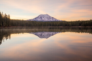 Sunrise at Lake Takhlakh with Mt Adams in Washington State Cascade mountains