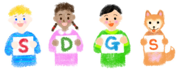 SDGsのメッセージボードを持つ子供のクレヨン風手描きイラスト