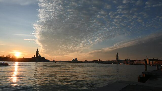Venice, Italy - November 2020 - Sunset on the San Marco basin 