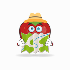 The Strawberry mascot character holds a map. vector illustration