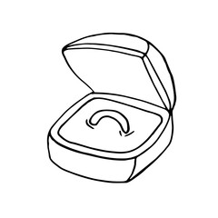 ring in a box icon, sticker. sketch hand drawn doodle. vector scandinavian monochrome minimalism. proposal, wedding, valentines day, love, holiday, jewelry.