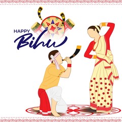 Vector illustration of Happy Bihu, Assamese New Year, Indian traditional festival, Harvest festival of Assam, Couple performing Bihu folk dance.