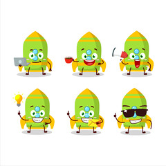 Green rocket firecracker cartoon character with various types of business emoticons