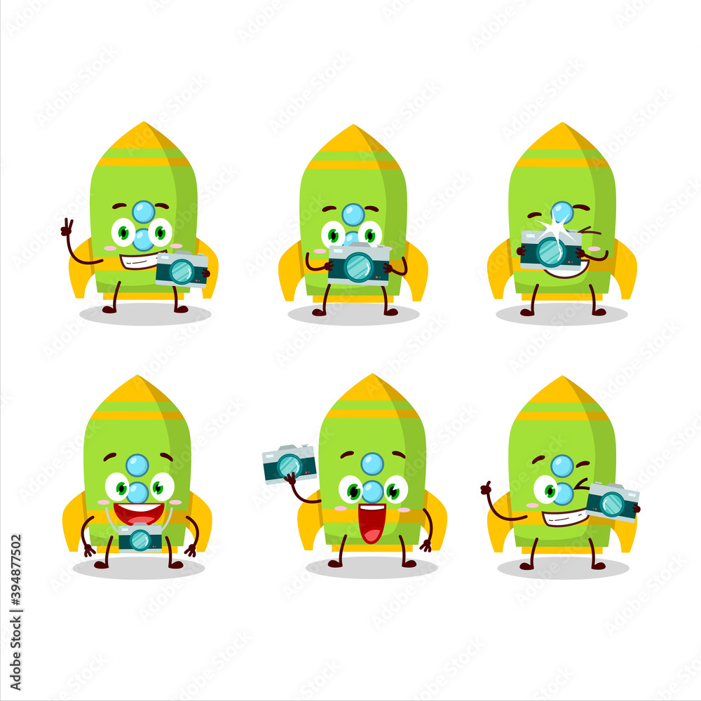 Sticker Photographer profession emoticon with green rocket firecracker cartoon character