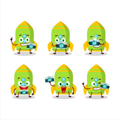Photographer profession emoticon with green rocket firecracker cartoon character