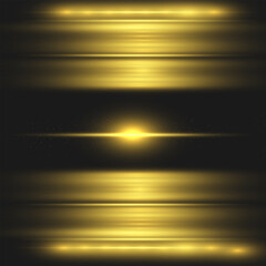 yellow horizontal lens flares pack. Laser beams, horizontal light rays.Beautiful light flares. Glowing streaks on dark background. Luminous abstract sparkling lined background.