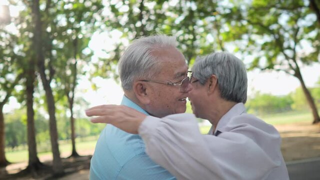 Slow motion Asian Elderly couple hugging in park. Happy couple grandma and grandpa hugging with cheerful because life insurance covers them lift. Insurance make elderly happy concept.