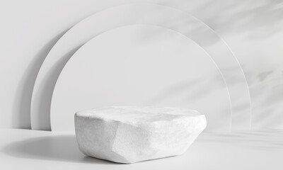 Stone product display podium with shadow nature leaves on white background. 3D rendering