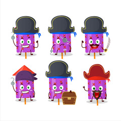 Cartoon character of purple firecracker with various pirates emoticons