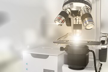 chemistry work concept, lab modern scientific microscope with flare on soft focus background - object 3D illustration