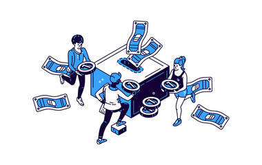 People with money and moneybox icon with gold coin isometric vector illustration