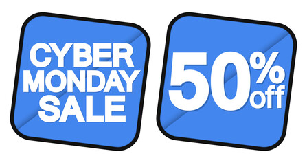 Cyber Monday Sale, 50% off, banners design template, discount tags, season offers, vector illustration