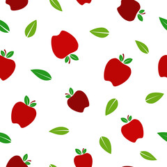 Red apple and leaves, flat vector illustration with over white background seamless pattern
