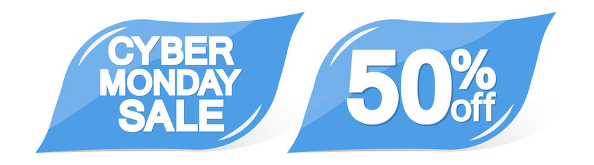 Cyber Monday Sale, 50% off, banners design template, discount tags, season offers, vector illustration