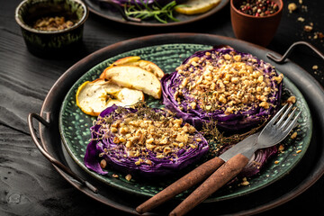 roasted balsamic thyme red cabbage, quince and apples. A perfect complement to the goose or pork, Traditional German dish