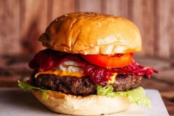 Home made hamburger with lettuce,cheese and fries potato