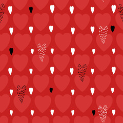 Abstract seamless pattern for Valentines day. Background with red and black hearts. Cute hand-drawn simple illustration. Ornament for wrapping paper banner, postcard. Vector illustration about love.