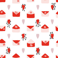 Abstract seamless pattern for Valentines day. Red and pink letters and hearts. Cute hand-drawn simple illustration. Ornament for wrapping paper banner, postcard. Vector illustration about love.