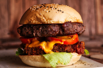 Home made hamburger with lettuce,cheese and fries potato