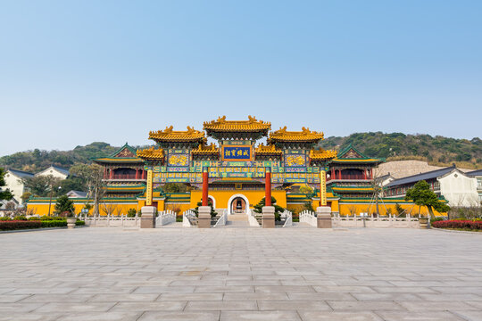  Chinese traditional royal style colorful Baoxiang lecture temples in the Putuoshan mountains, Zhoushan Islands,  a renowned site in Chinese bodhimanda of the Guanyin