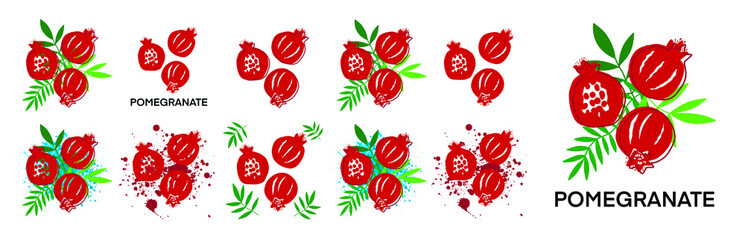 A set of vector garnet logos isolated on a white background. Pomegranate and seed for logo, label for design. Abstract hand-drawn pomegranate with leaves-logo design, poster template.