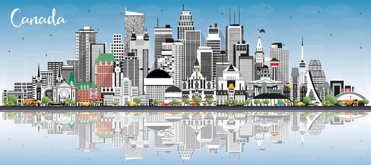 Canada City Skyline with Gray Buildings, Blue Sky and Reflections.