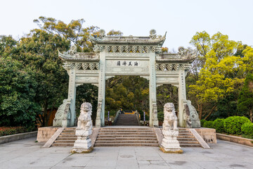  A Chinese traditional gate of fayu temple in the Putuoshan, Zhoushan Islands,  a renowned site in Chinese bodhimanda of the bodhisattva Avalokitesvara (Guanyin)