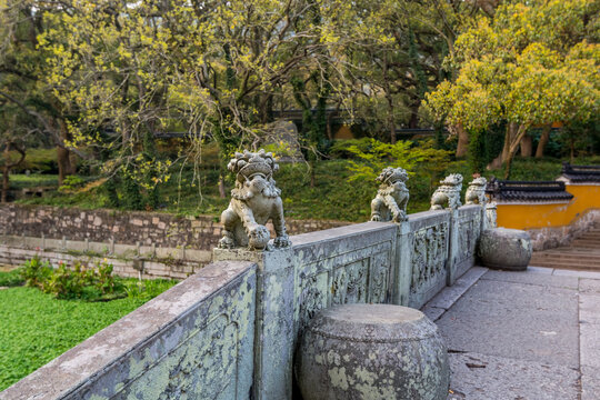 Animal statue on the handrail of the bridge to Fayu temple in the Putuoshan mountains, Zhoushan Islands,  a renowned site in Chinese bodhimanda of the bodhisattva Avalokitesvara (Guanyin)