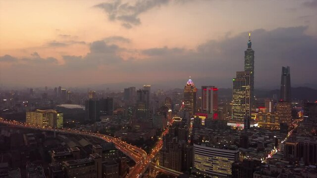 taiwan sunset sky taipei city center traffic streets aerial panorama 4k