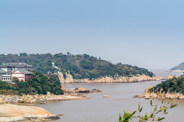 Chinese traditional hotels at the seaside in the Putuoshan mountains, Zhoushan Islands,  a renowned site in Chinese bodhimanda of the bodhisattva Avalokitesvara (Guanyin)