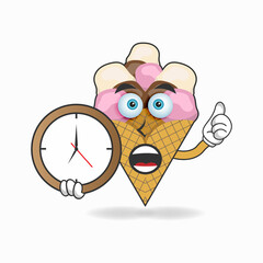 Ice Cream mascot character holding a wall clock. vector illustration