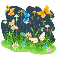 Blooming meadow with grass, flowers and butterflies. Night landscape. Cartoon style. Fabulous illustration. Background picture. Beautiful natural view. Wild plant nature. Rural scene.  Vector