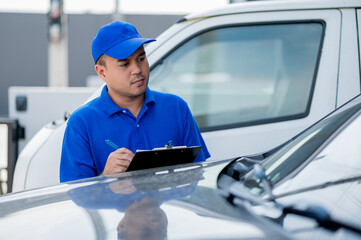 A car maintenance worker is checking a list of items for car maintenance for a workshop customer.